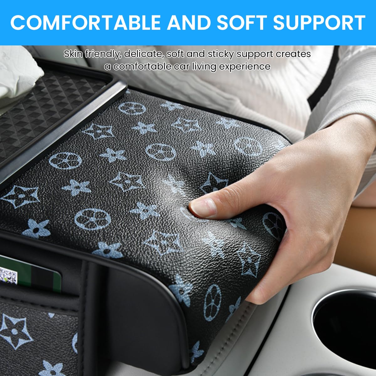 STHIRA Car Armrest Center Console 4 in 1 with Cup Holders Tissue Box Pocket 35×19×8cm PU Leather | Universal Fit for Comfortable Driving