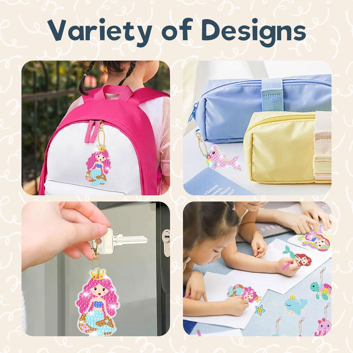 PATPAT DIY Diamond Art Keychain Kit for Kids with 15 Cartoon Mermaid Designs | Complete Craft Set