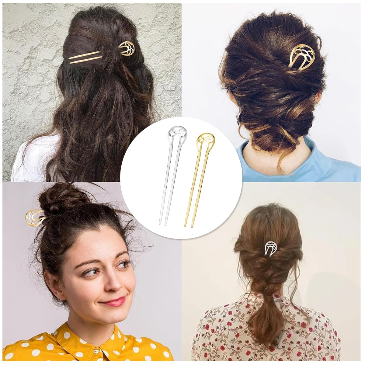 MAYCREATE® 2pcs Hair Stick for Bun, 15cm Large Hair Pins for Women, Metal Hairpins for Women, U Pins for Hair Styling, French Juda Hair Pin Bun Stick for Hair - Gold & Silver