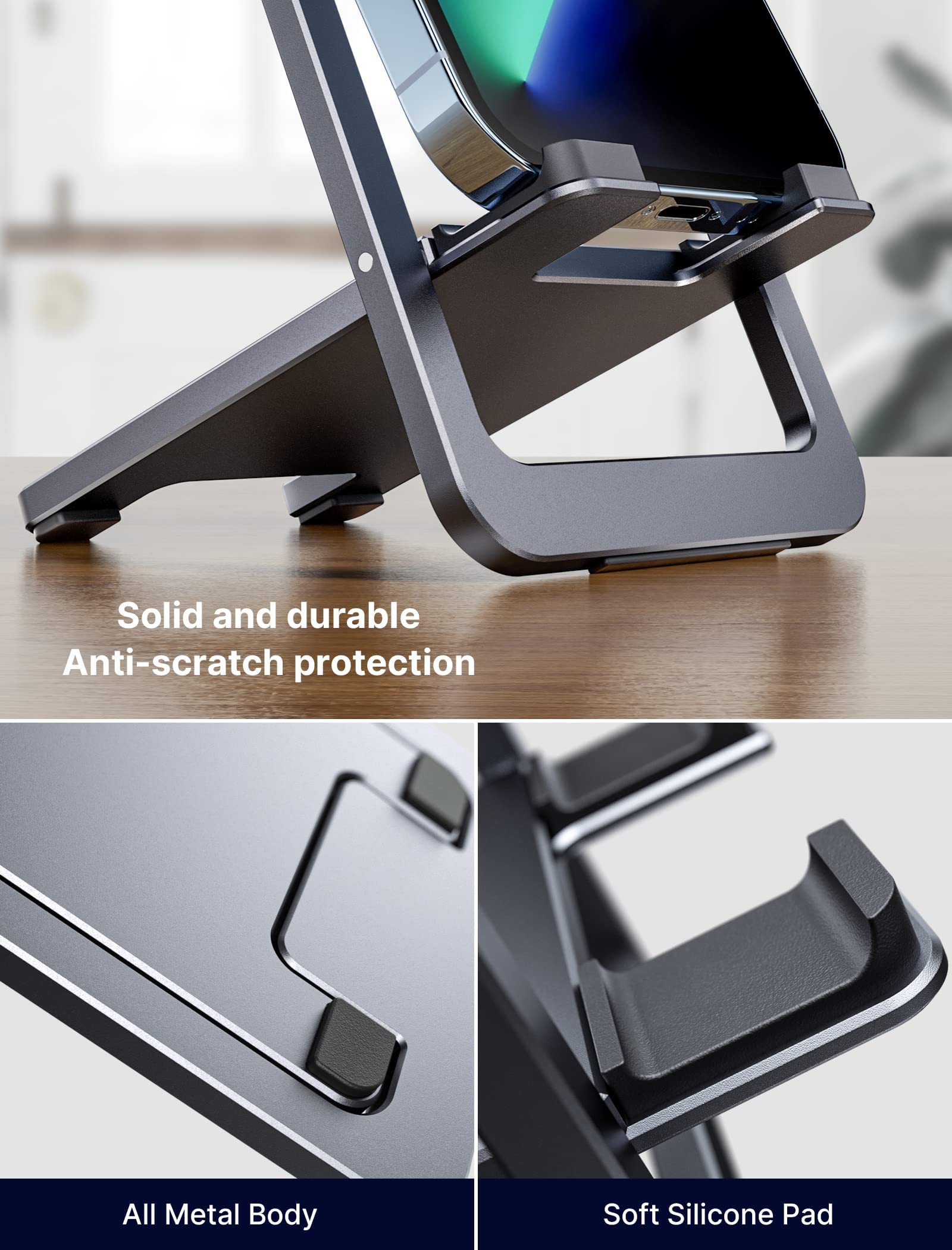 JSAUX® Cell Phone Stand, JSAUX Foldable Aluminum Adjustable Phone Holder for Desk Portable Travel Holder Office Desk Accessories Compatible for iPhone 14 13 12 11 Pro Max X Xr Samsung S22 S21 A53 Switch Grey