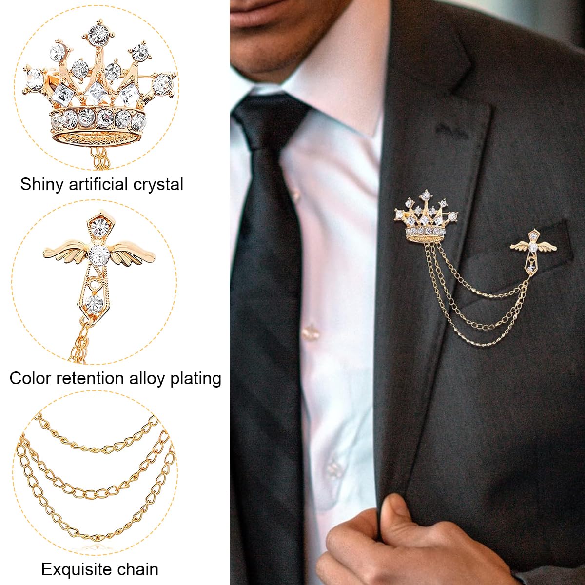 Venzina Brooch for Suit featuring Vintage Cross Crown Design with Tassel Chain | Golden Rhinestone Pin for Men and Women