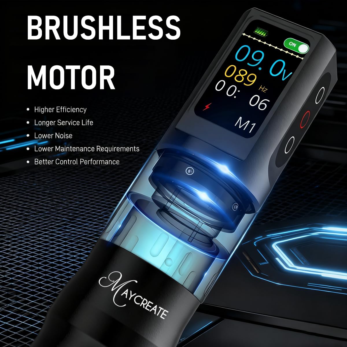 MAYCREATE Wireless Rotary Tattoo Pen Machine with 2.7–4.5mm Stroke & LCD Display | 1200mAh Rechargeable Ergonomic Grip