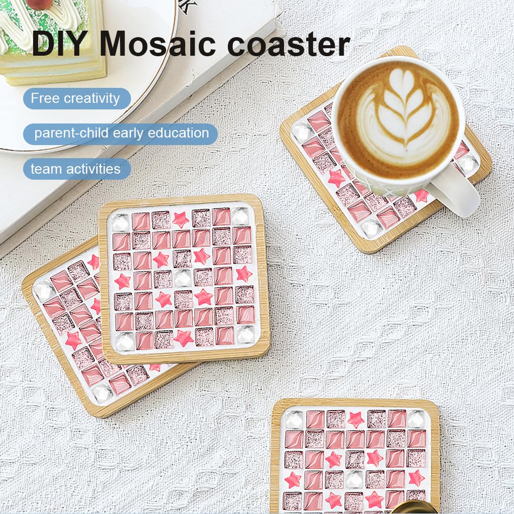 HASTHIP Glass Mosaic Tiles Kit for DIY Coaster Crafts with Wooden Frame and Pink Crystal Tiles | Fun Gift for Kids and Adults