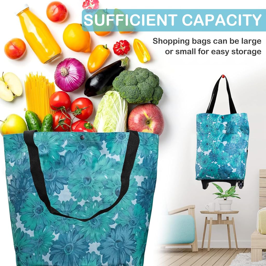 HASTHIP Portable Shopping Cart for Groceries with Wheels and Telescopic Handle | Foldable Waterproof Floral Bag