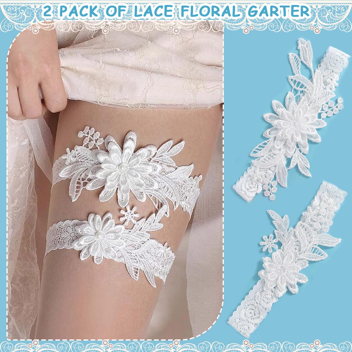 PALAY® 2 Pack Lace Wedding Garters, White Stretchy Daisy Bridal Garter, Fashion Hand Sewn Faux Pearl Garter for Bride, Lingerie Garter for Wedding, Prom, Costume Party Accessories