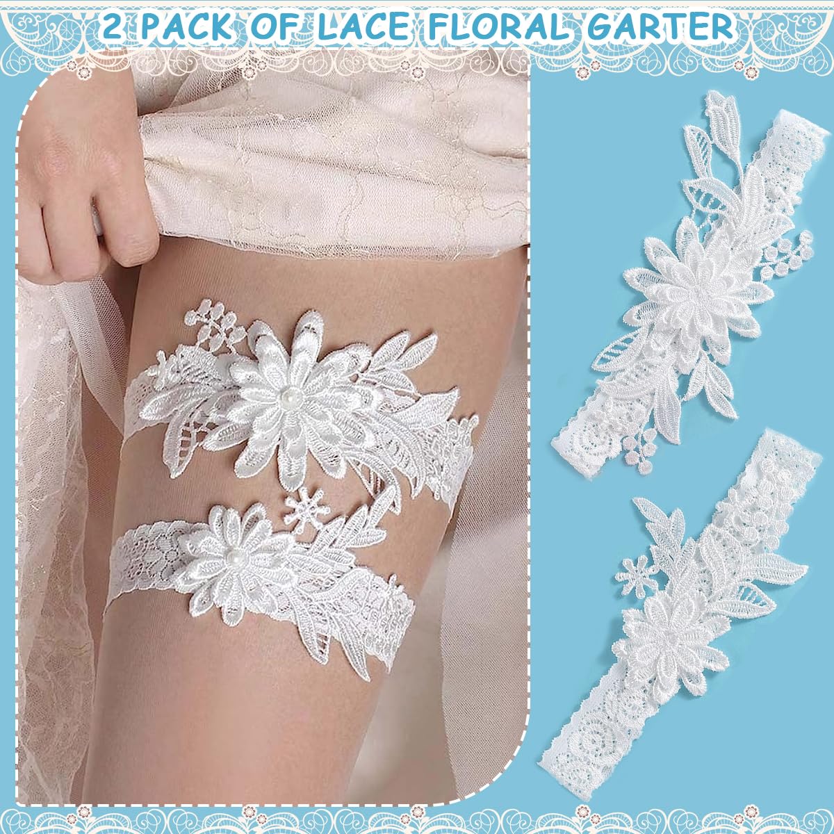 PALAY Lace Wedding Garters for Bride featuring Daisy Applique with Faux Pearl | 2pcs White Stretchy Set