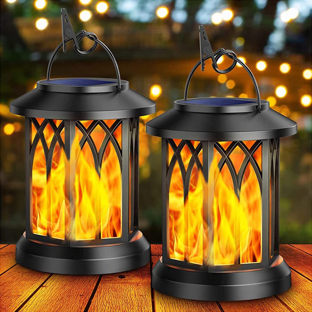 ELEPHANTBOAT® 2Pcs Solar Lantern Light, Solar Light Outdoor, Solar Garden Lights, Solar Metal Lantern Realistic Flickering Flame Lamp Camping Light with Handle & Clip Led Candle Lights