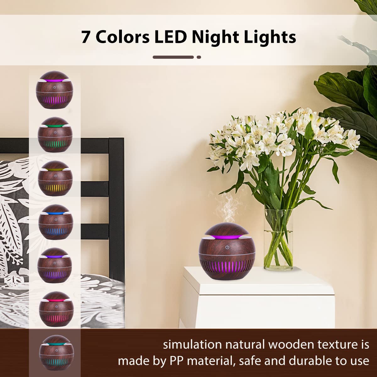 HANNEA Humidifier for Room featuring Smart Touch Switch and 7 Color LED Light | 130ML Wood Grain USB Aroma Diffuser