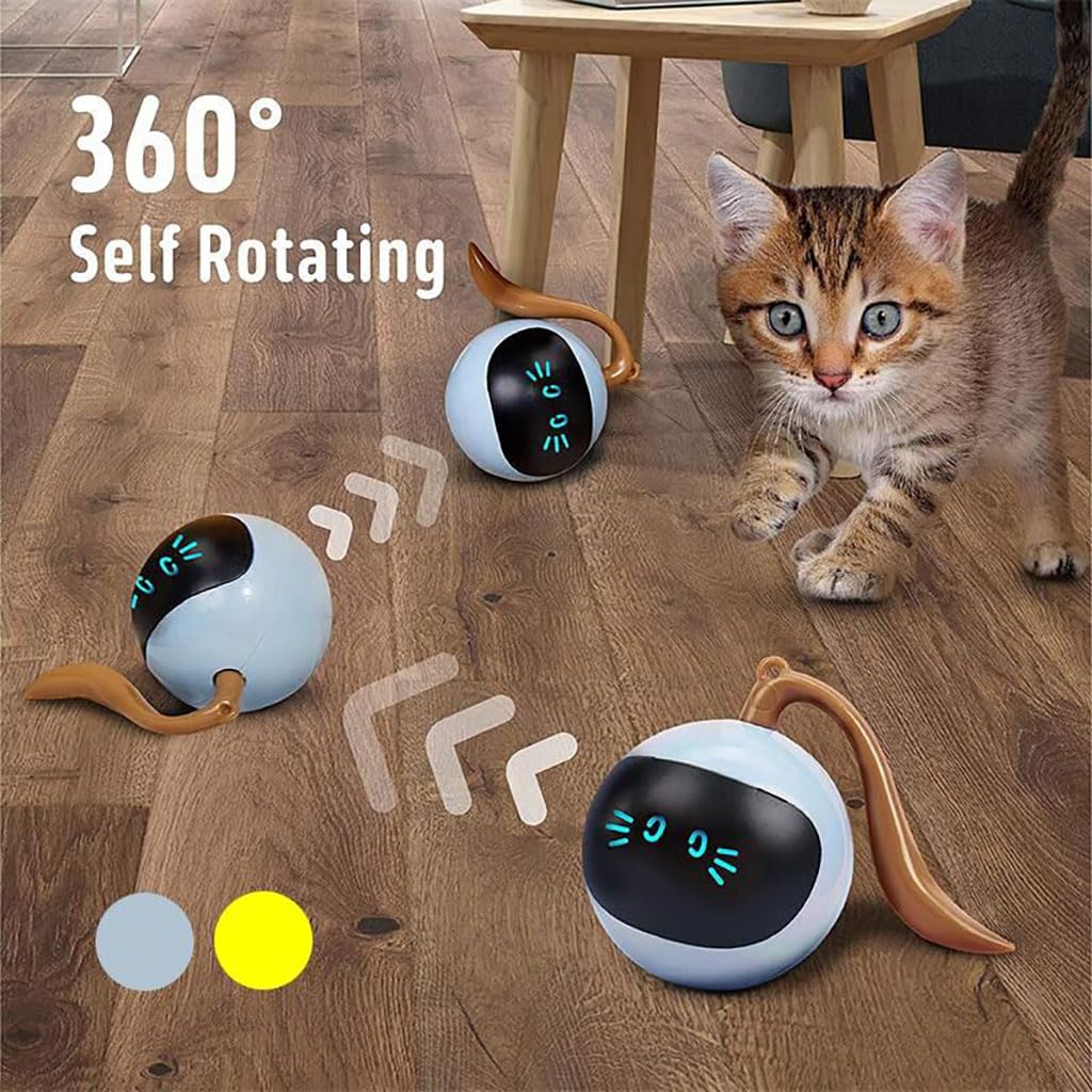 Zibuyu Electric Cat Toy Teasing Ball with LED Face and Wiggly Tail featuring 3‑min Auto Standby | USB Rechargeable Interactive Play