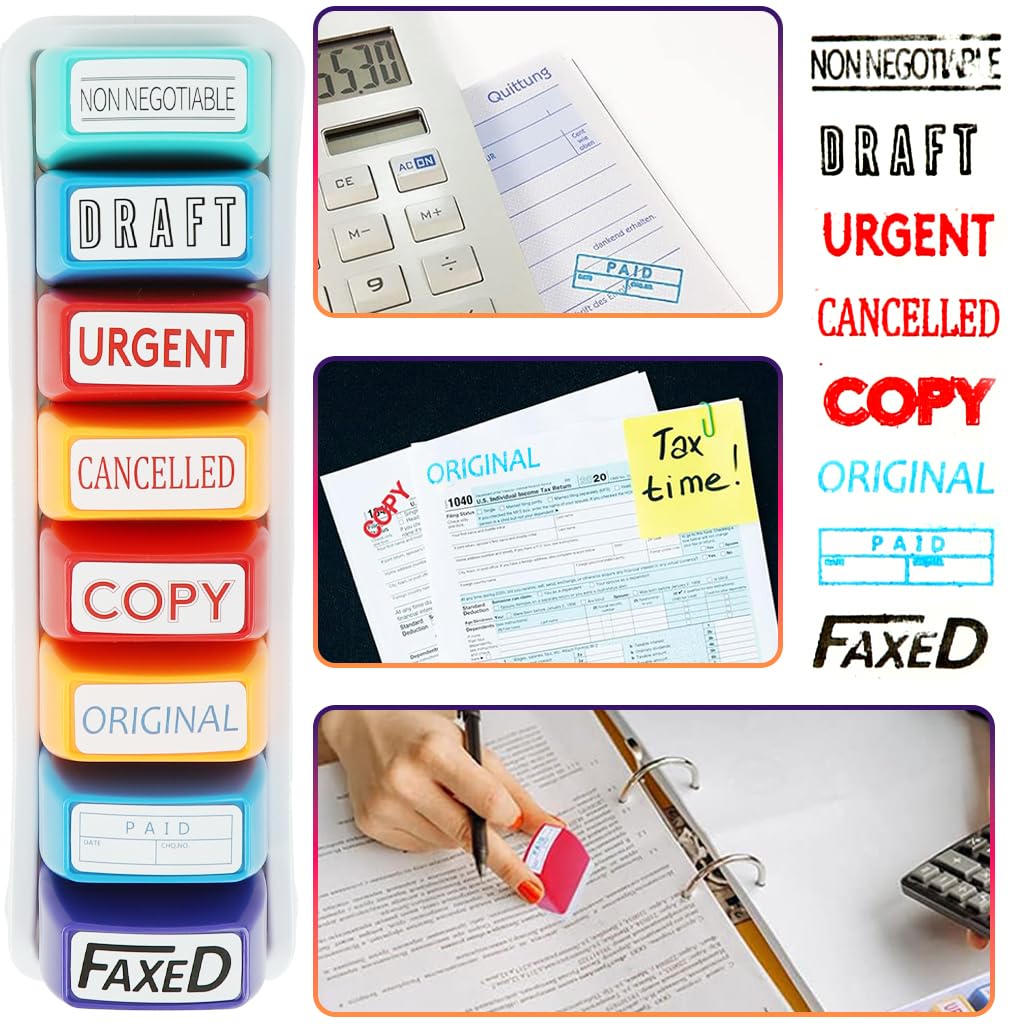 OFIFO Office Stamps Set for School and Office with 8 Color-Coded Pre-Inked Labels | Compact Storage Case