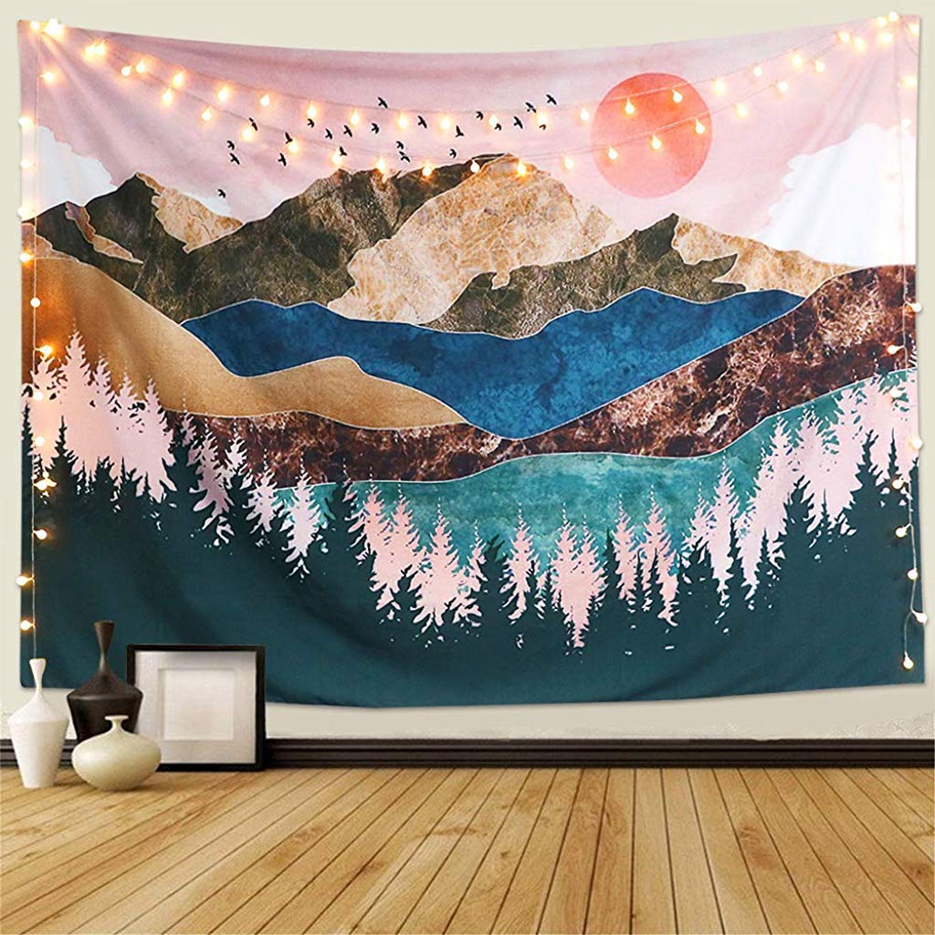 HASTHIP® Sunset Forest Tree Mountain Tapestry Wall Hanging Psychedelic Nature Landscape Art Bed Cover for Bedroom 51X59inches 3 PCS