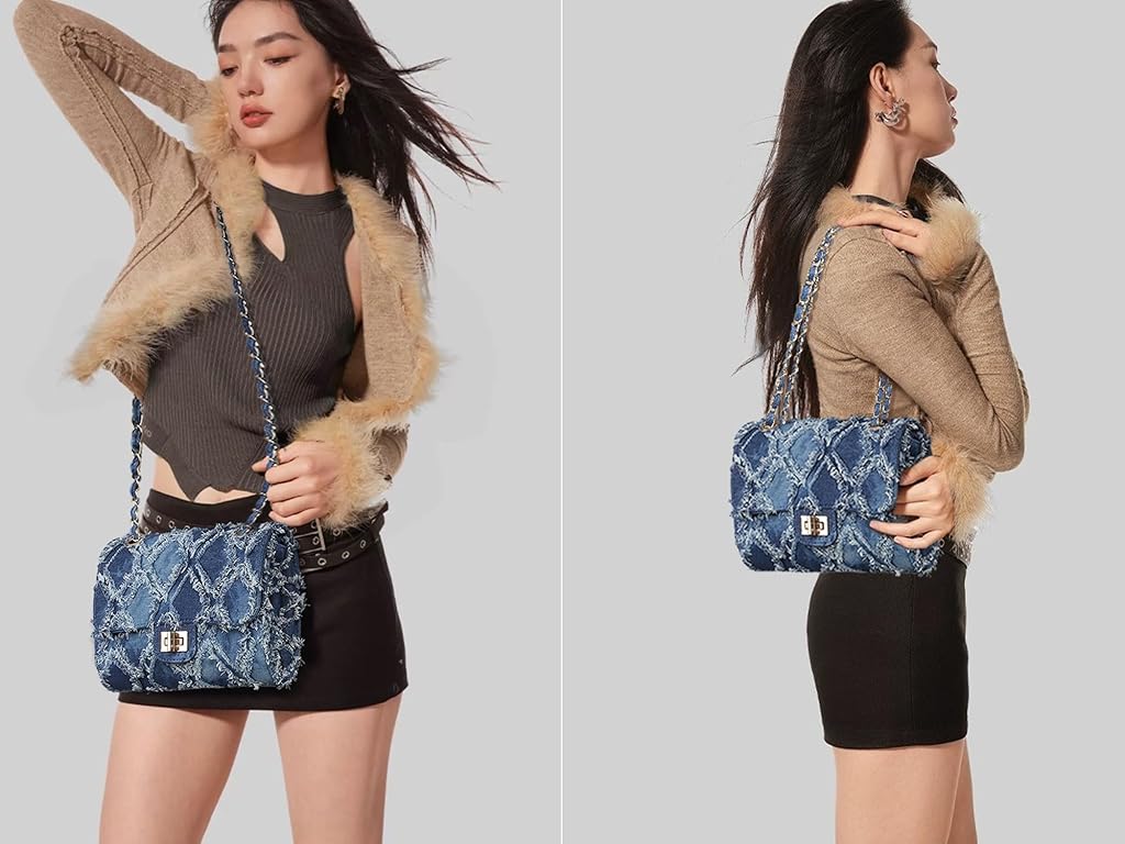 PALAY® Small Shoulder Bag for Women Fashion Blue Denim Crossbody Shoulder Bag Chain Bag Shoulder Bag Phone Bag Evening Bag Metal Interlock Closure Dainty Casual Shoulder Bag