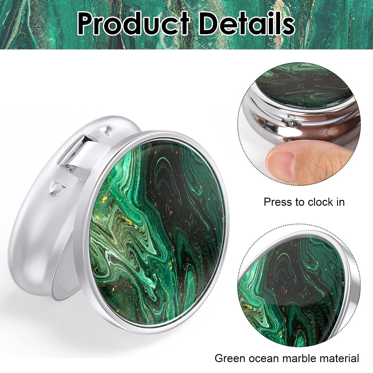 HANNEA Pill Box for Travel and Daily Use with 3 Compartments and Button Closure | Metal Case with Built In Mirror and Resin Art Lid, Green