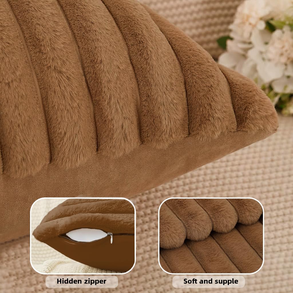 HASTHIP Faux Rabbit Fur Cushion Covers 18x18 Inch with Hidden Zipper | Khaki Set of 2
