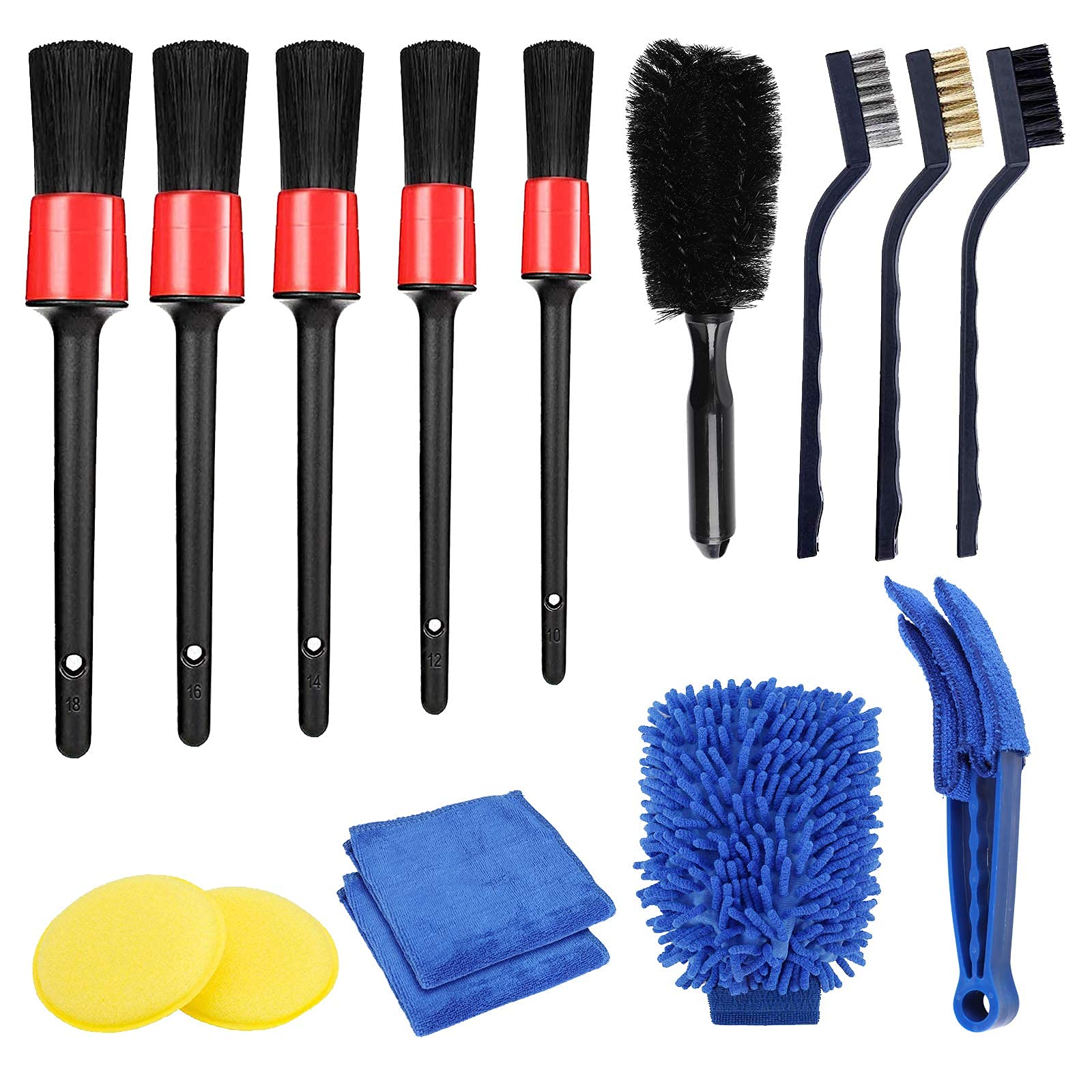 STHIRA® 15 Pcs Car Cleaning Brush Kit with 5 Pcs Different Size Detail Car Brushs,3 Pcs Wire Brushes,2Pcs,Blue Wash Towel,Wax Applicator Pads,1 Wash Glove, Air Vents Cleaning Brush