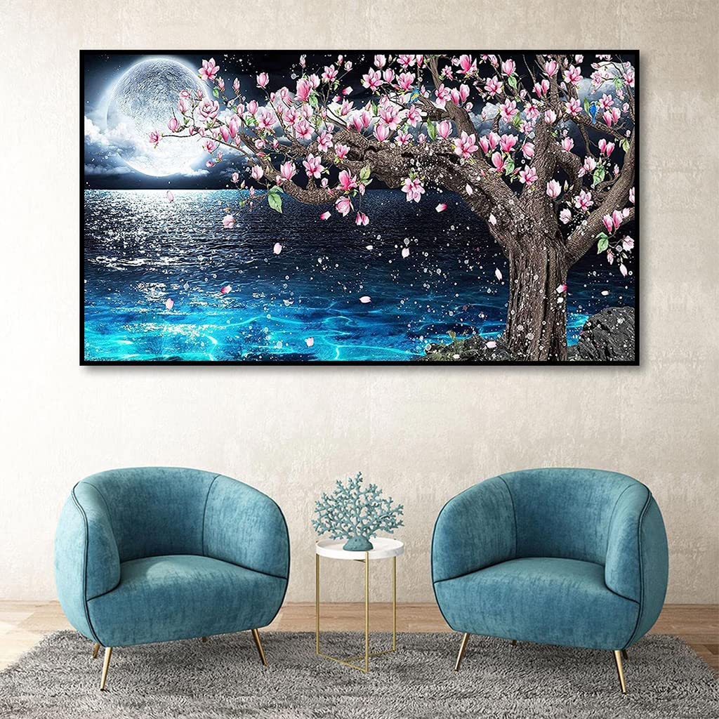 HASTHIP® 5D Diamond Painting Kit, 27.5 X 15.7inch Large Size Lake Moon Diamond Painting Kits for Adults, DIY Full Drill Crystal Rhinestone Arts and Crafts, Art Diamond Painting for Home Wall Decor