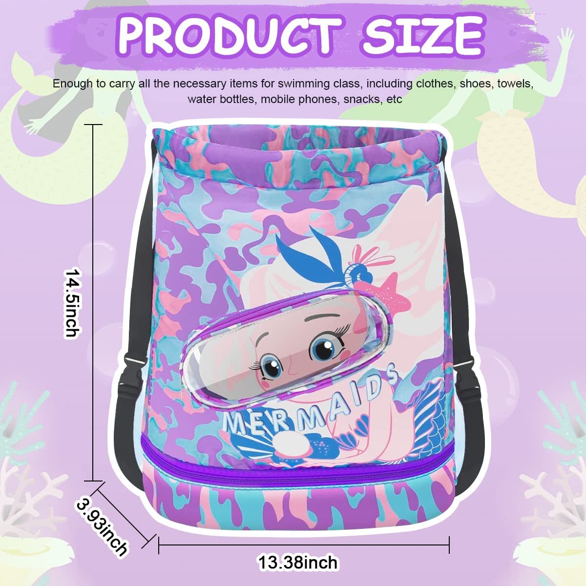 PALAY® Swimming Bag for Kids Cartoon Print Shoulder Bag for Kids Large Capacity Backpack for Girls Wet Dry Separation Beach Bag Storage Bag for Clothes, Swimming Goggles