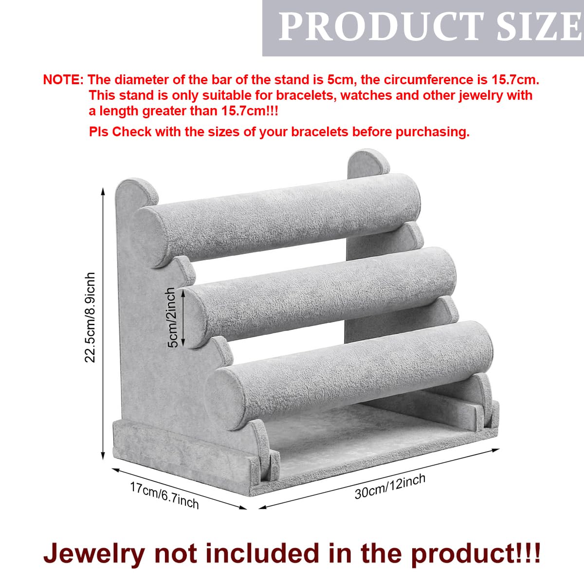 Venzina Bracelet Holder Organizer for 18–25 Pieces with 3 Tier Detachable Velvet Stand Grey