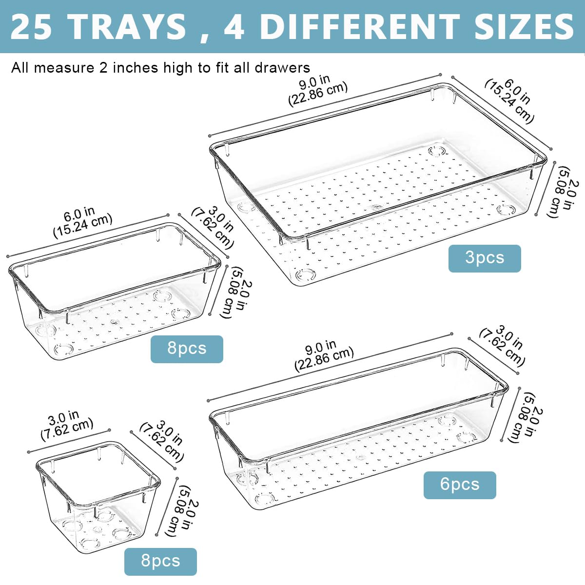 HASTHIP Plastic Drawer Organizer for Makeup and Office with 25 PCS Stackable PET Trays | Clear Non Slip Design