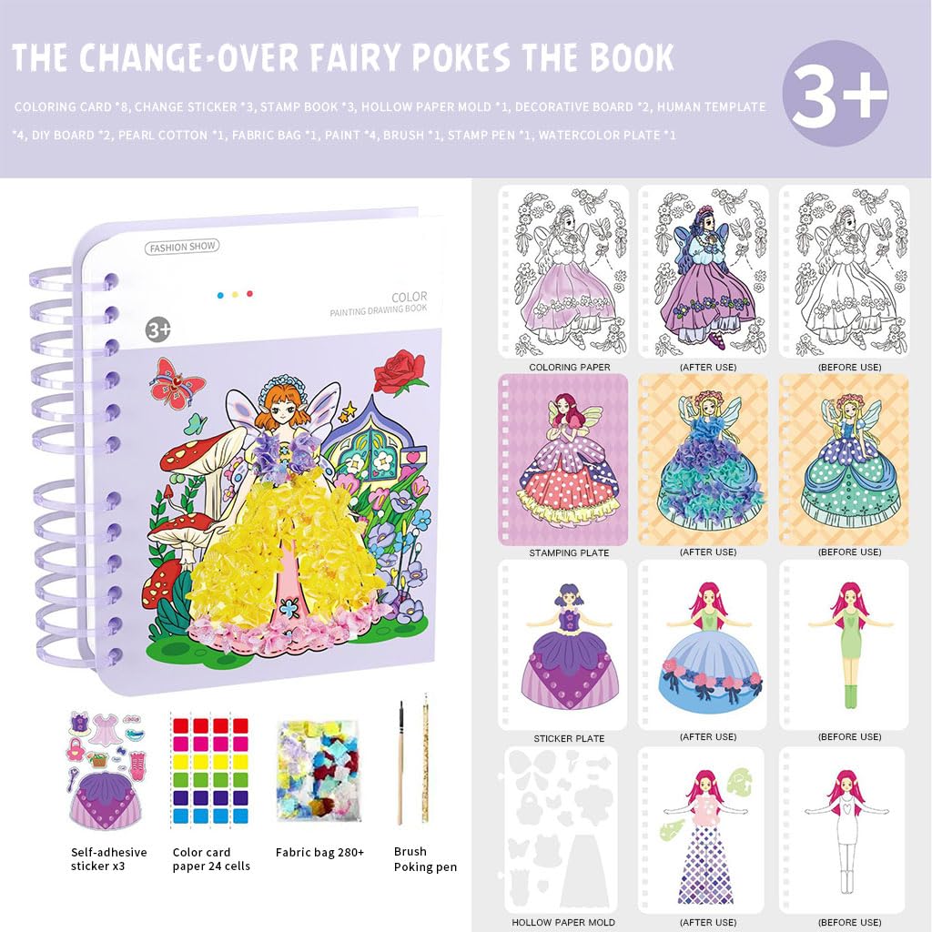 PATPAT® Colouring Book for Kids Painting Kit Drawing Books for Kids Watercolor Art Kit, DIY Princess Costume for Girls, 4 in 1 Painting Book Set with Pigment, Pens, Stickers, Birthday Gift for Girls