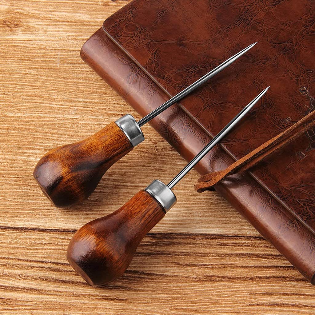 Supvox 4 Pcs Awl Tool, Needles Sewing Awl Hand Stitcher, Gourd Shape Leather Craft Cloth Wooden Handle Scratch Awl Tool, Pin Punching for Canvas Leather Pouch Hole DIY Shoes Repair