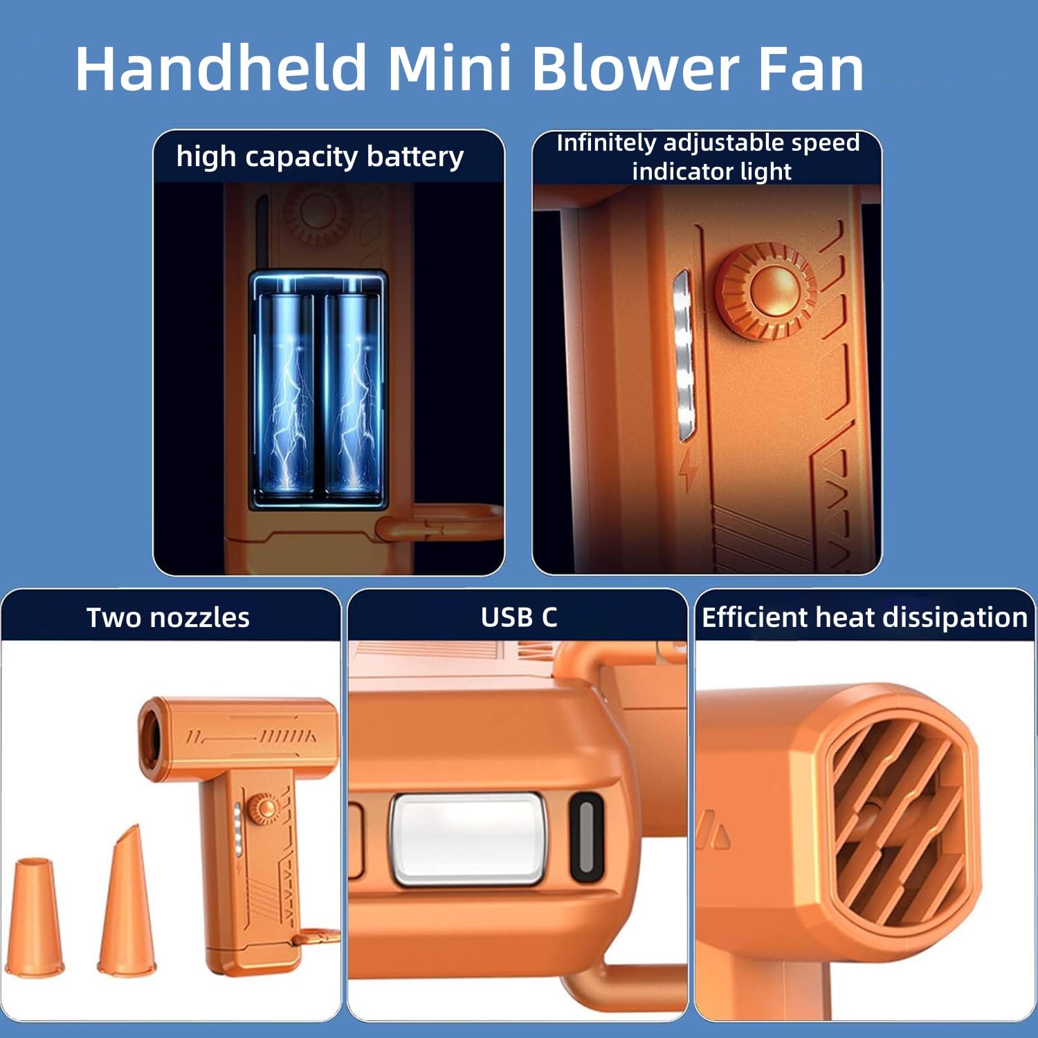 ZORBES Small Blower Fan for Car Cleaning with 130000 RPM Airflow and LED Light | 2 Nozzles