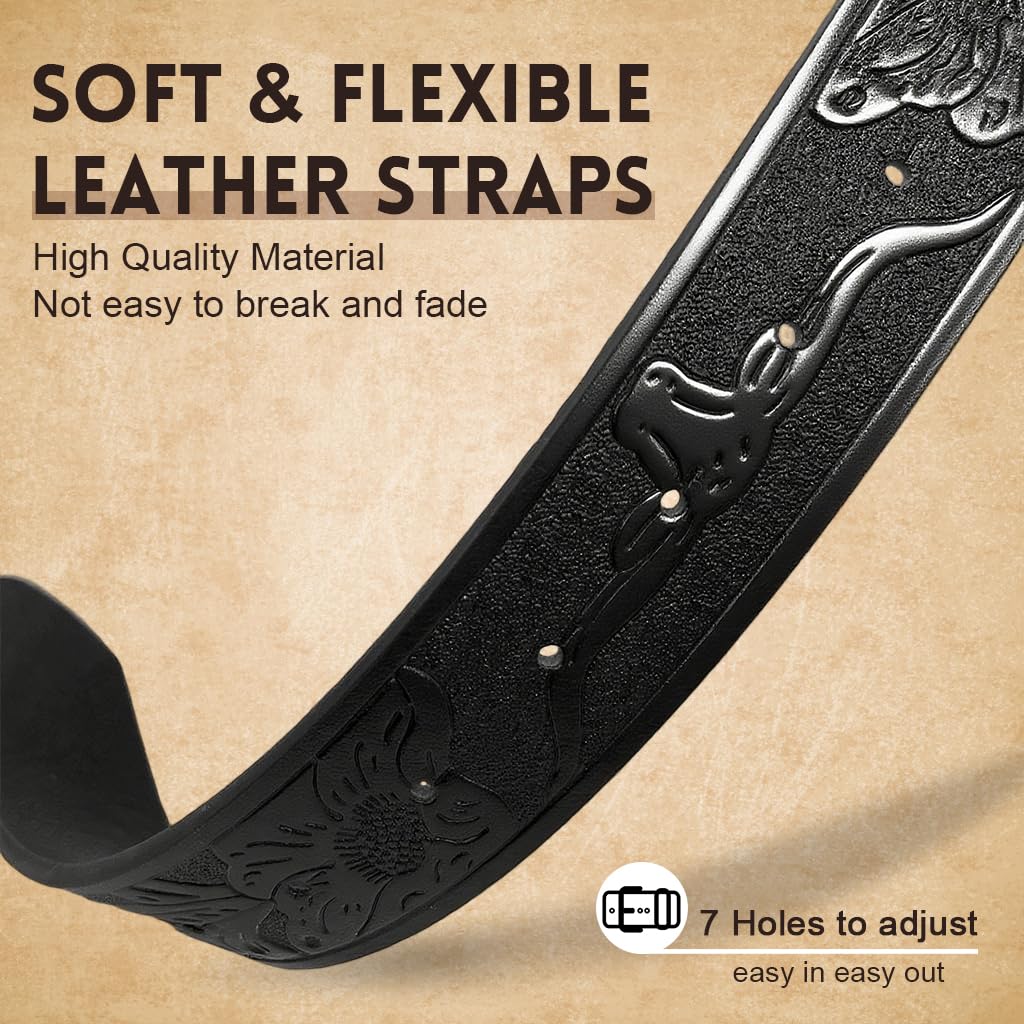 GUSTAVE Belts for Men with Embossed Bull Head Buckle and Pin Tuck Closure 120cm PU Leather