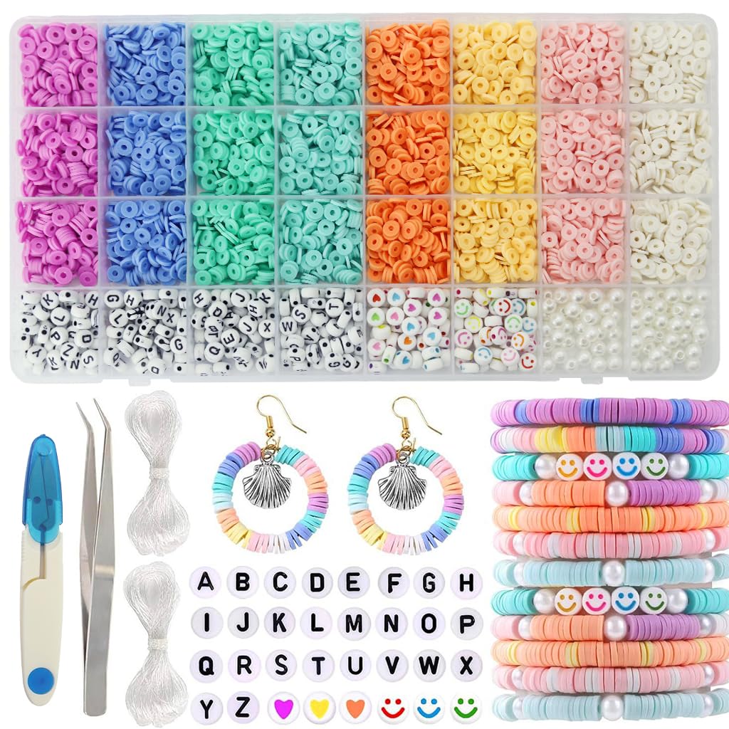 SANNIDHI 3860pcs Clay Beads Letter Beads Kit for Bracelet Making 8-Color Clay Beads Heart Smile Face Beads Spacer Beads DIY Jewelry Making Beads Kit with Scissors, Tweezer, Crystal Lines