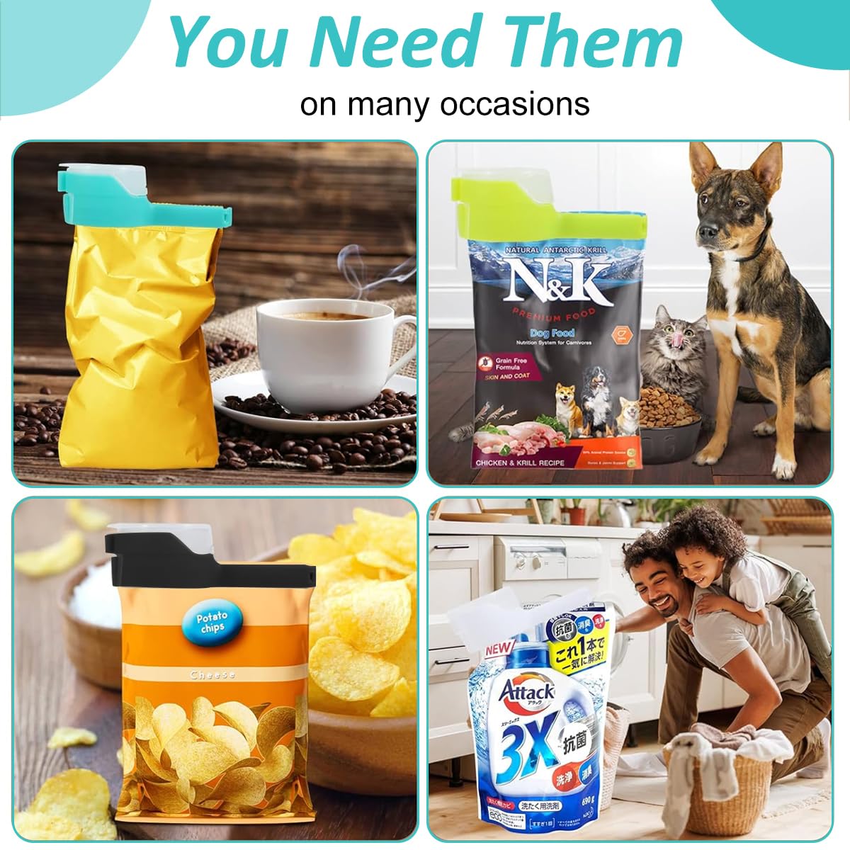 HASTHIP Bag Clips for Food with 2-in-1 Sealing Lid 4Pcs PP Clips for Snack and Kitchen Storage