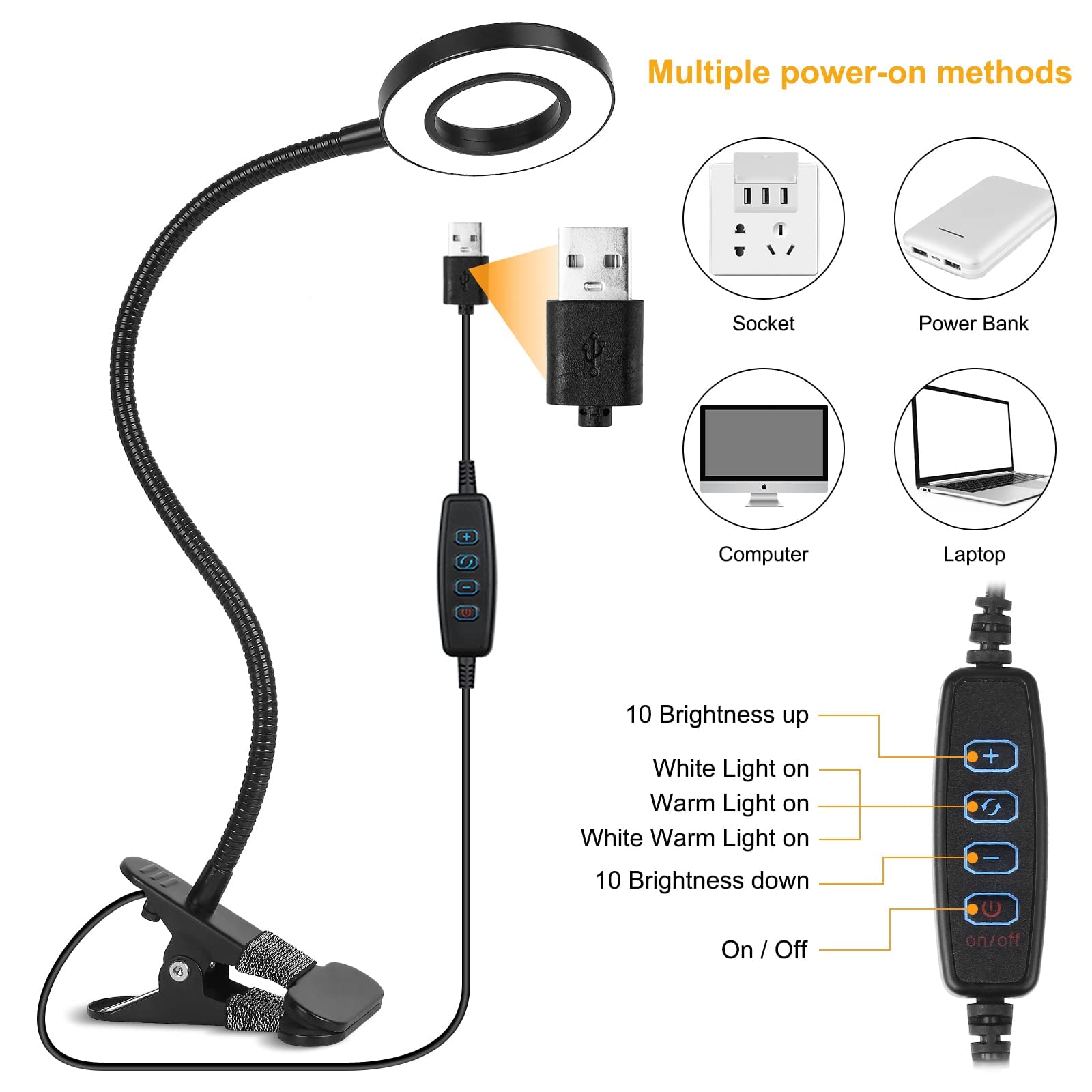 ELEPHANTBOAT Book Light for Reading and Studying with 10 Dimmable Brightness Levels | Flexible Clip Lamp with 360° Hose and USB Power