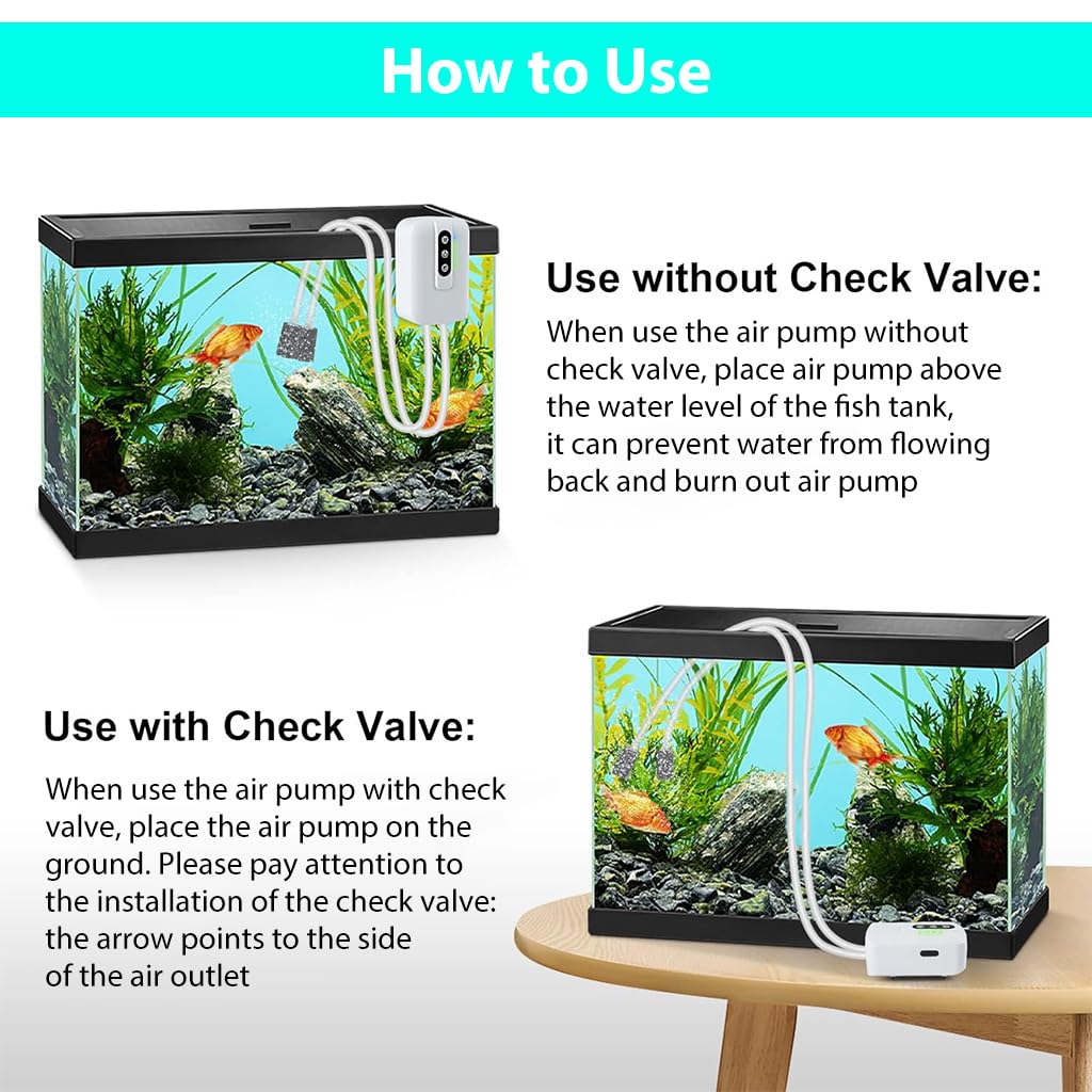 HASTHIP Aquarium Air Pump for Fish Tank featuring Dual Pipes and Air Stones 6L/min | USB Rechargeable