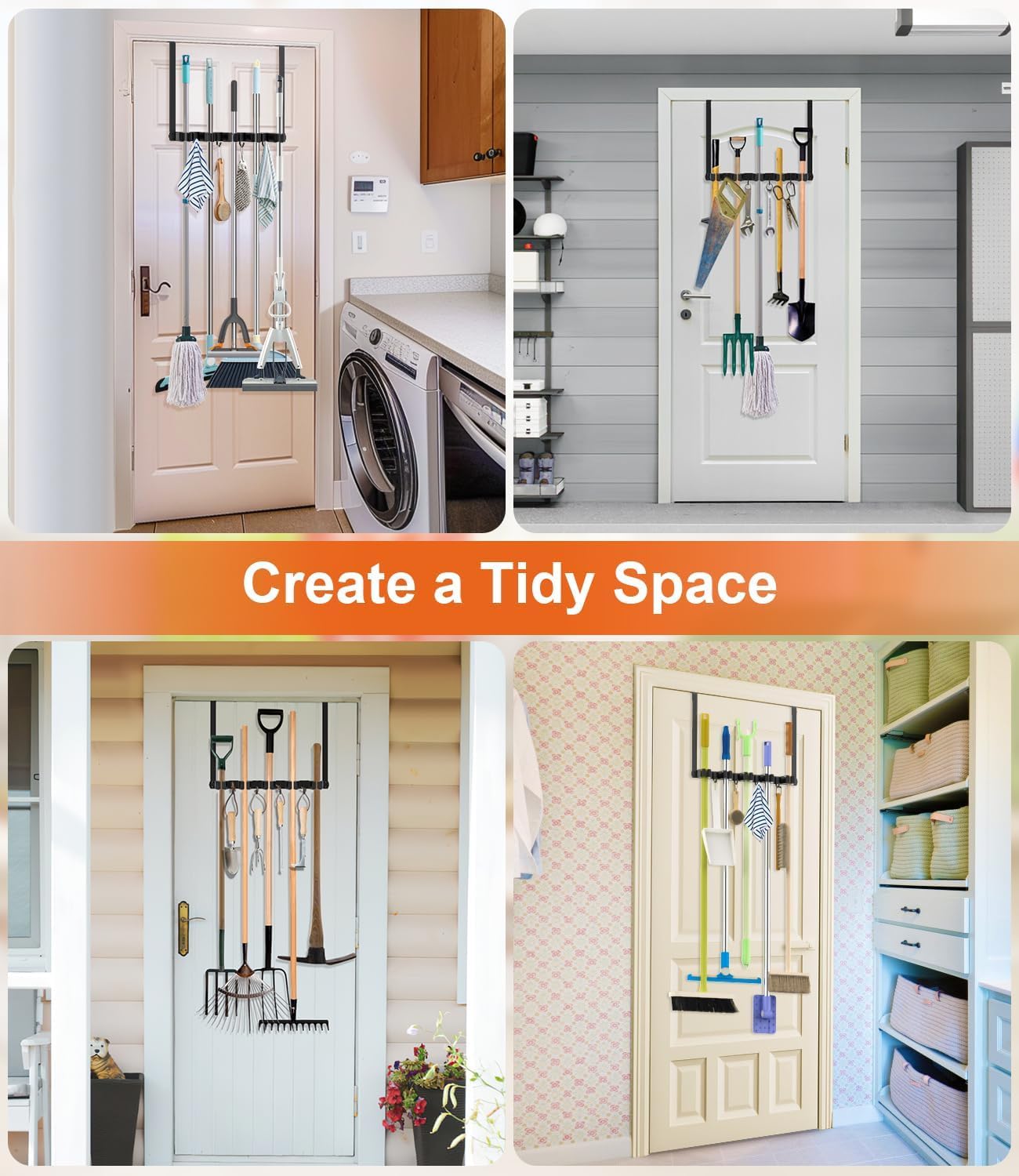 Supvox Broom Mop Holder Wall Mount for Kitchen and Garage with 5 Racks 4 Hooks | Stainless Steel Organizer