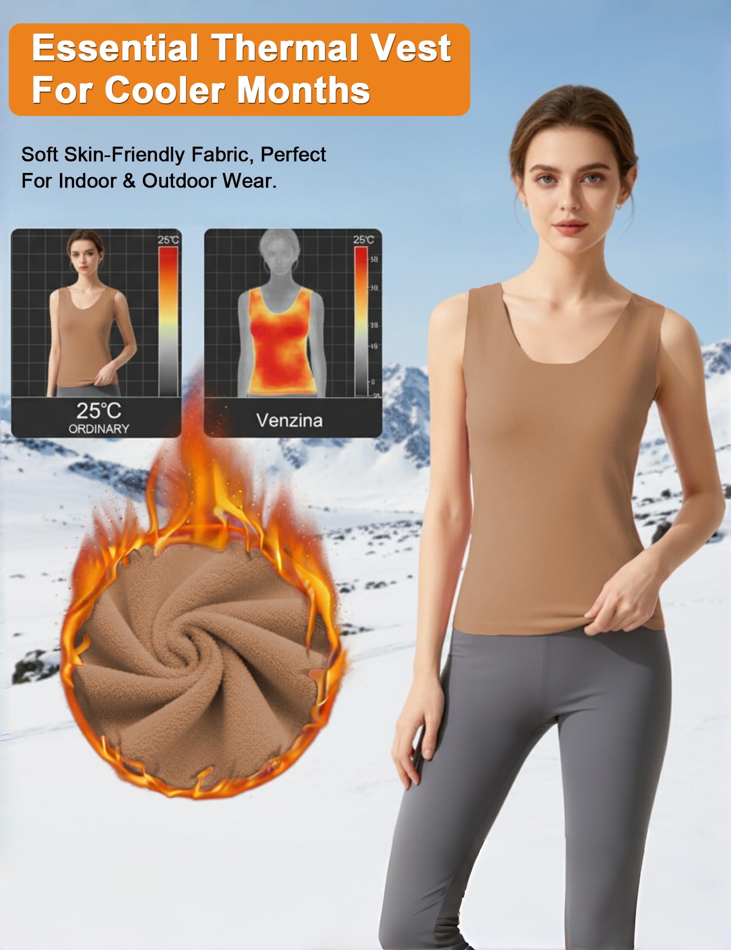 Venzina Women’s Seamless Thermal Vest for Winter Layering with Double‑Sided Fleece | Khaki L
