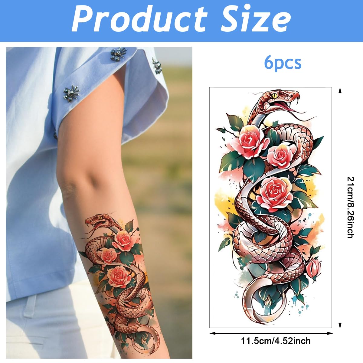 MAYCREATE® 6 Sheets Watercolor Rose Temporary Tattoos For Women Arm Girls Adults, Water Color Peony Flower Tattoo Sticker, Bulk Temp Fake Long Lasting Colorful Floral Tattoo 21x11.4cm