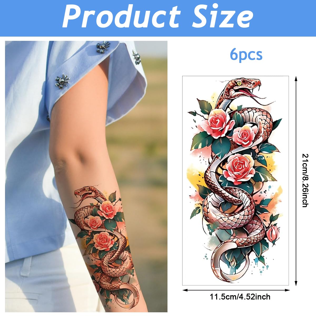 MAYCREATE Temporary Tattoos for Women featuring 6 Sheets 21x11.4cm Watercolor Floral Design