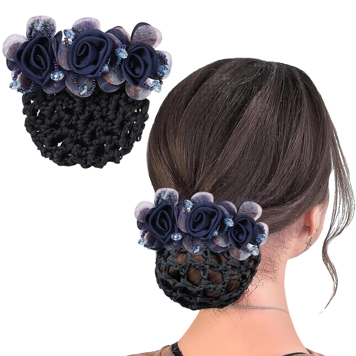 MAYCREATE® Floral Hair Snood Net, Barrette Hair Bun Cover, Rhinestone Hair Bun Clips for Women, Lady Hair Bun Accessories Bun Maker Hairnet for Dancer Nurse Work or Daily