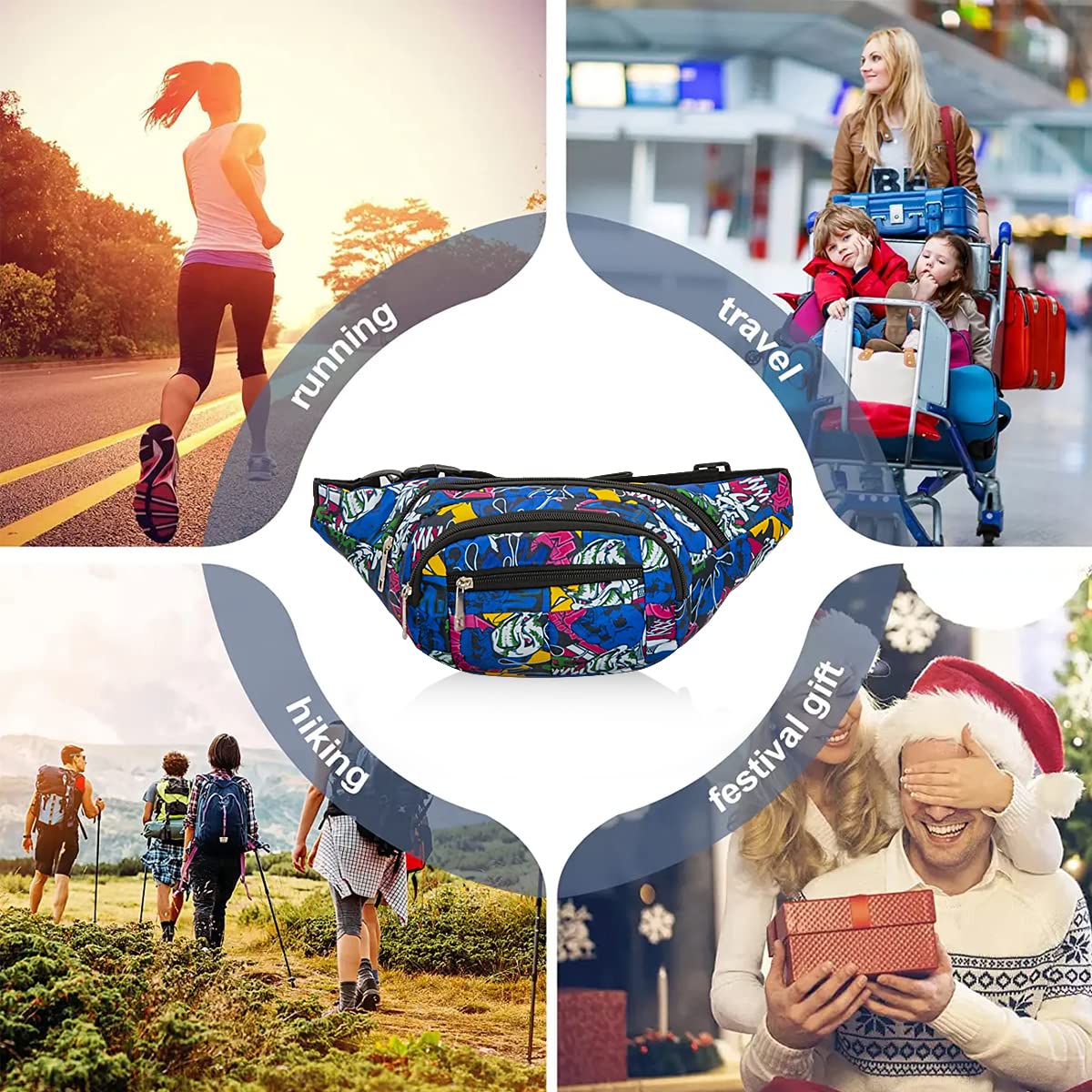 GUSTAVE Waist Bag for Outdoor Hiking with 3 Zipper Pockets 14.2×3.1×5.5 in Oxford Cloth | Adjustable Belt