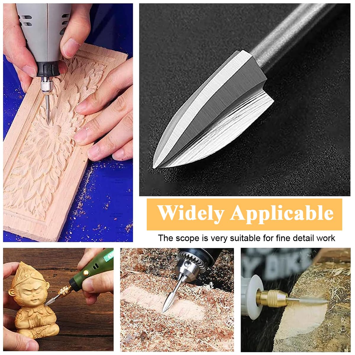 HASTHIP Wood Carving Tools for Rotary Tool 15 pcs with 1/8 Shank | 5 Sizes 3–8 mm Engraving Set