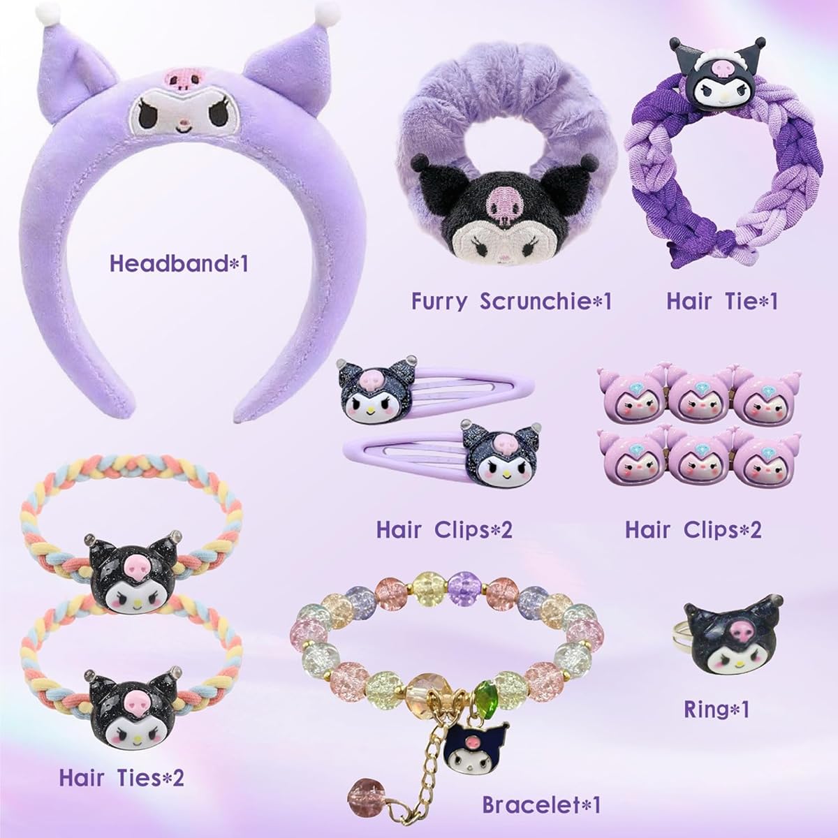 PATPAT Girls Kuromi Accessories Set Fashion Kuromi Wardrobe Accessories Gift Set of 10Pcs Kuromi Girls Headband Woven Rope Hair Tie Hair Clips Plush Hair Scrunchie Finger Rings