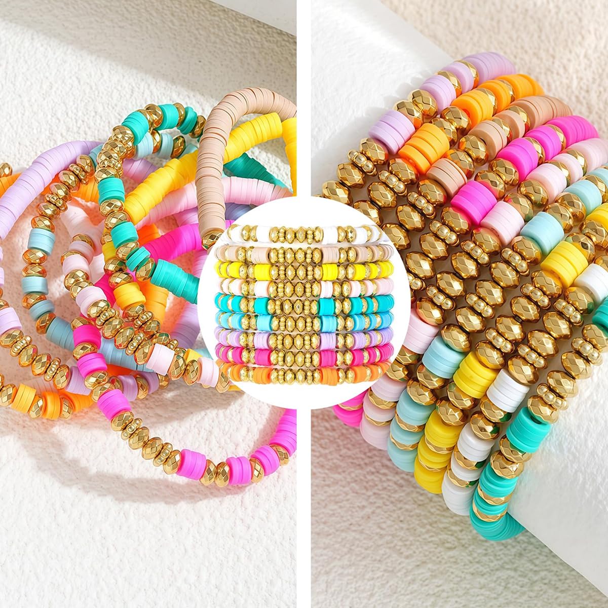 SANNIDHI Bracelet Set for Girls with Stretch Cord and Golden Beads | 9Pcs Clay Boho Jewelry