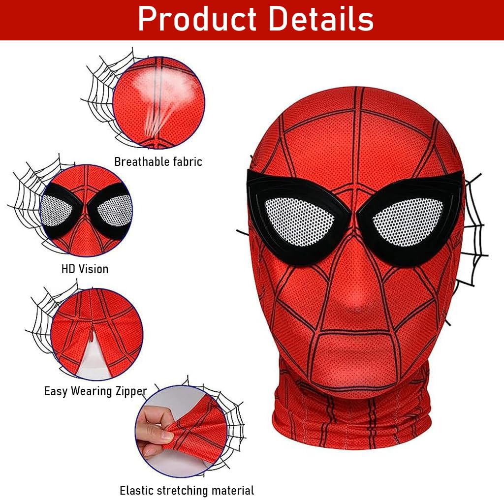 FANCYKU® 3D Spider-Man Mask and Gloves Gift, Spiderman Masks Spider Man Cosplay Costumes Superhero Lenses for Adult Kids, Role Play Superhero Masks for Halloween Masquerade Cosplay (Red)