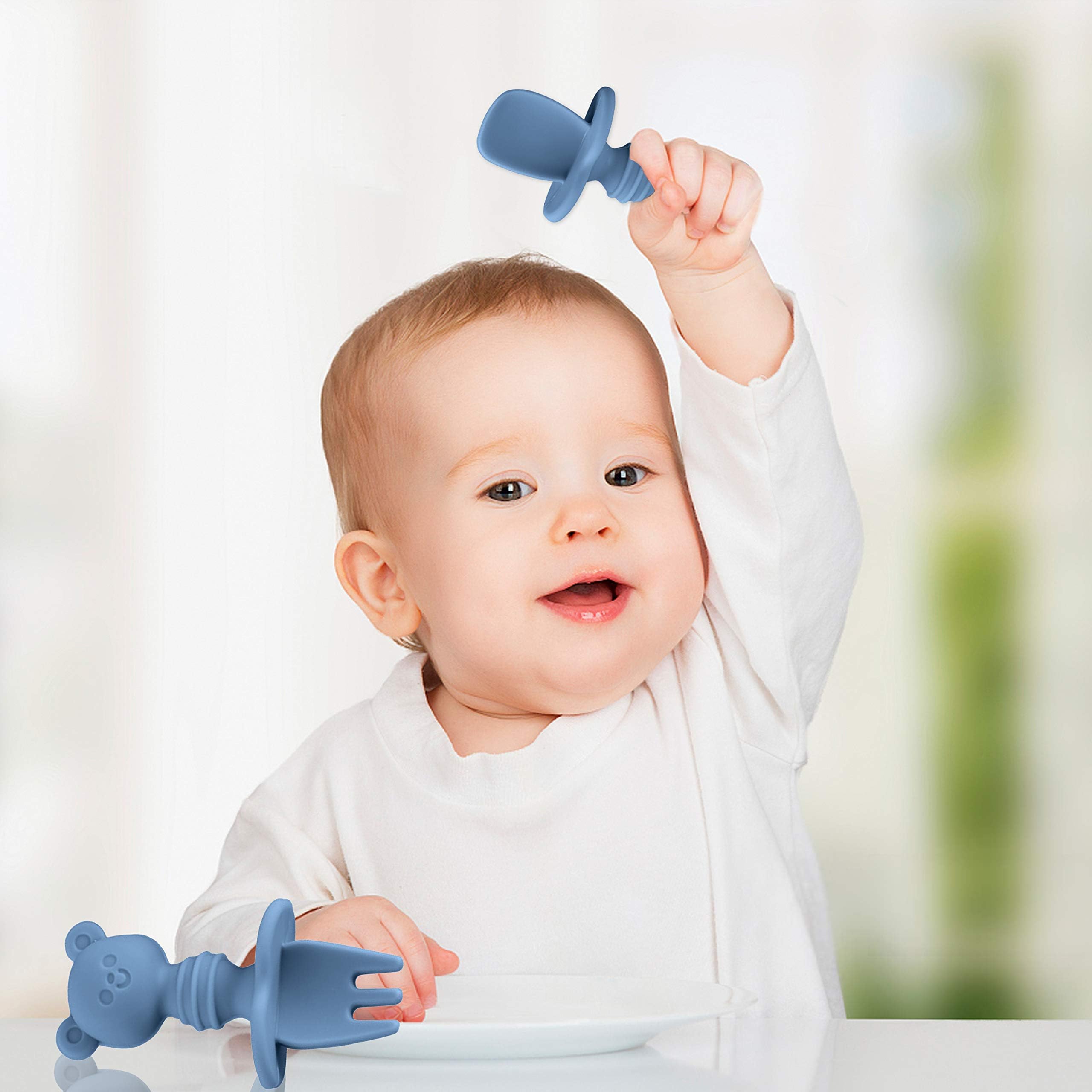 SNOWIE SOFT Baby Fork and Spoon Combo,Creative Cartoon Design, BPA-Free Food-Grade Silicone Material, Comfy Gripping First Tableware for Baby Feeding Complementary Food for Toddler,