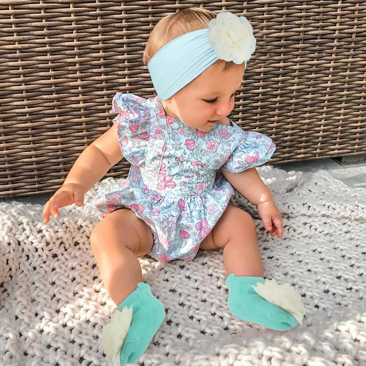 SNOWIE SOFT Chiffon Flower Hair Bands for Baby Girl and Socks Set in Blue | Soft Breathable Nylon Gift for Newborns