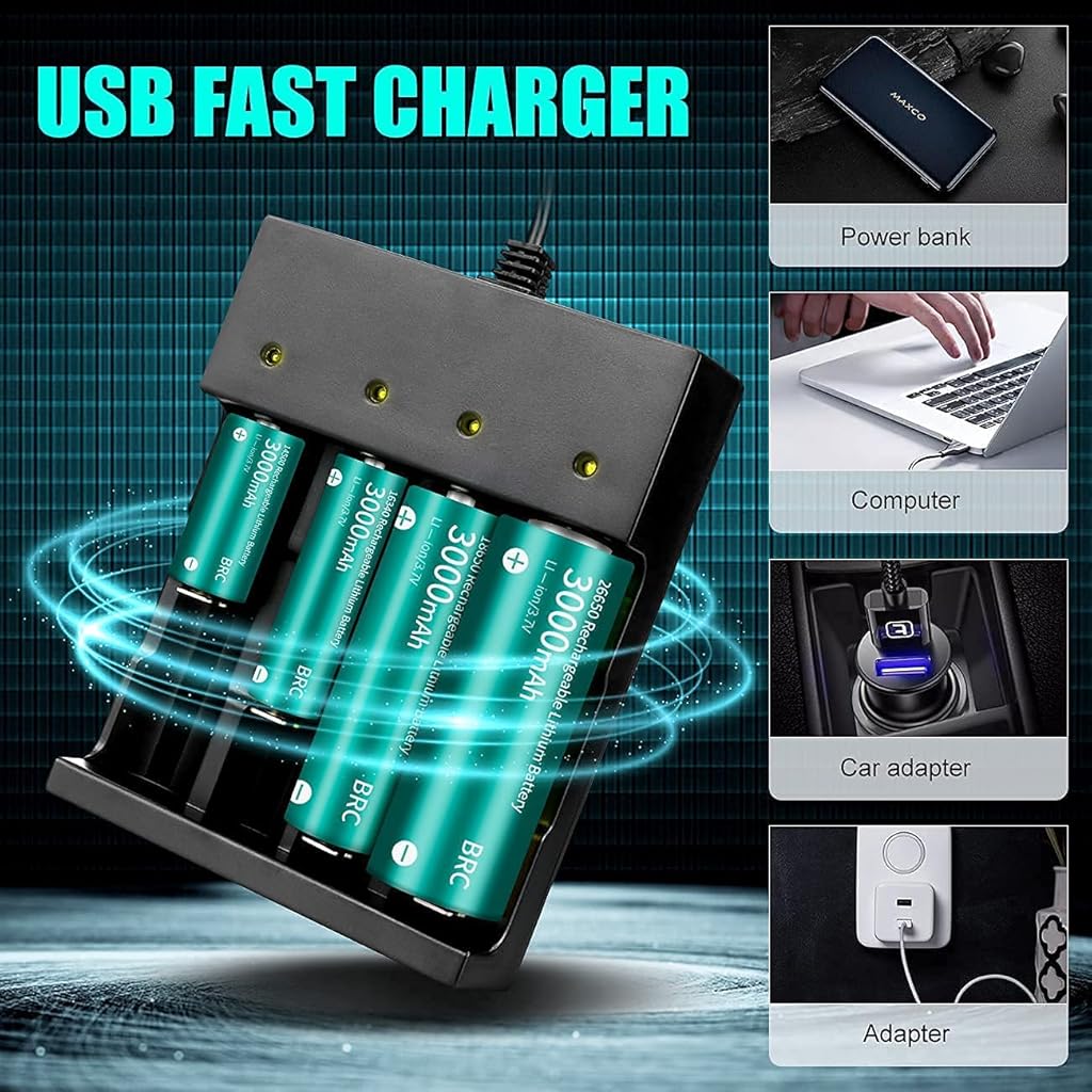 Verilux® 18650 Battery Charger, 3.7 Volt Rechargeable Battery Charger, 4 Bay Lithium Ion Battery Charger 26650 21700 18650 10400 14500 16340 16650 18500 (Only USB Charger)