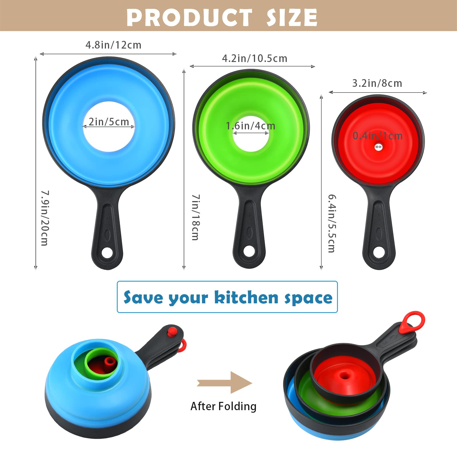 ELEPHANTBOAT® 3Pcs Kitchen Funnels Set for Kitchen Use Mason Jars for Filling Bottles, Silicone Collapsible Funnel for Transfer Liquid, Oil and Powder, Three Size Wide Mouth Funnel with Handle