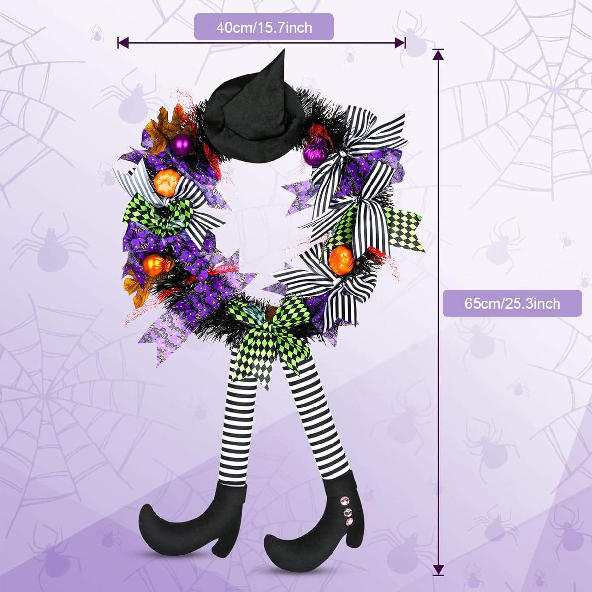 HASTHIP® 27-Inch Halloween Wreath for Door, Fun Witch Wreath Halloween Decorations, Spooky Witch's Hat and Legs Halloween Wall Hanging Wreath for Front Door or Indoor Wall Decor