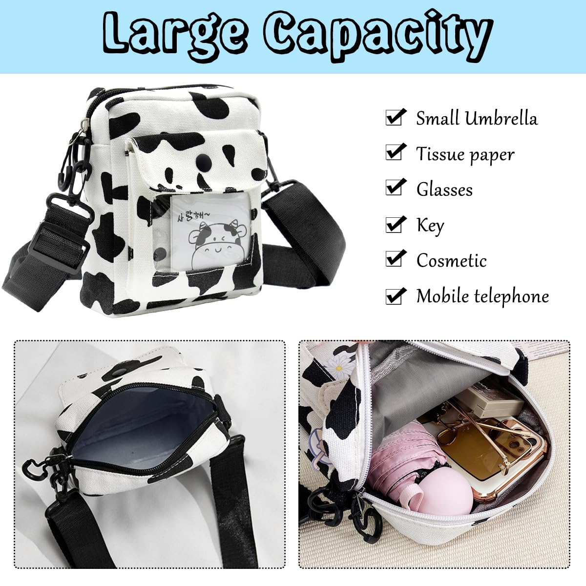 PALAY Canvas Crossbody Bag for Girls with Transparent Window Pocket 15x18cm | Black