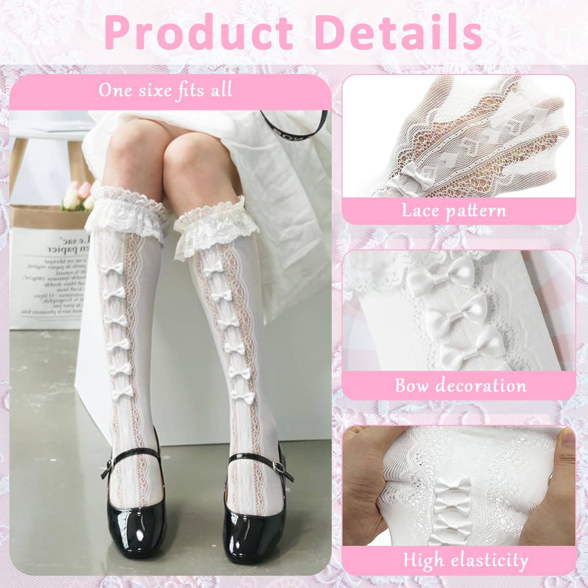 PALAY Lace Topped Calf Length Socks for Girls with Kawaii Bow Design 3 PCS | Lolita Fashion