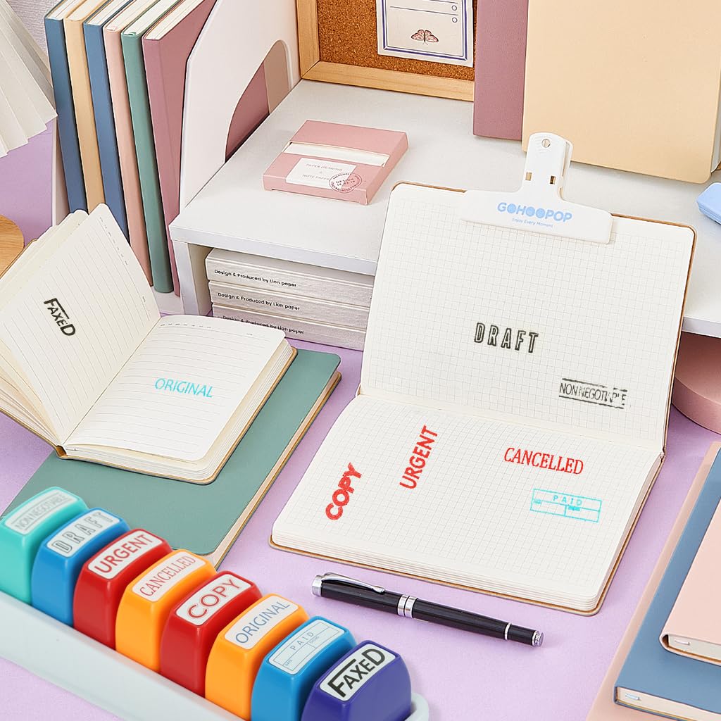 OFIFO Office Stamps Set for School and Office with 8 Color-Coded Pre-Inked Labels | Compact Storage Case