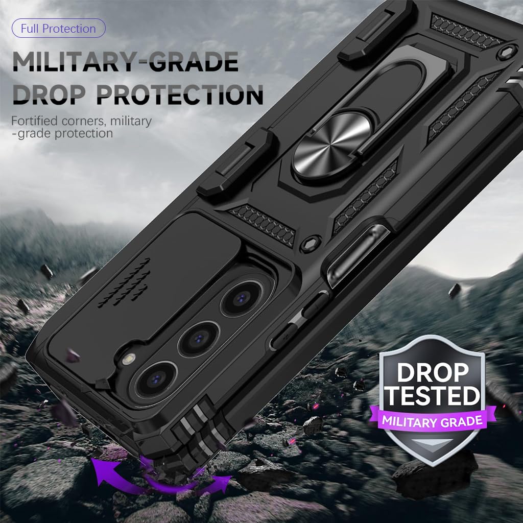 Zeitel Phone Case for Samsung Galaxy Z Fold 6 with Dual Layer Protection and 360 Rotatable Grip | Sliding Camera Lens Shield and Flexible Hinge Design Black